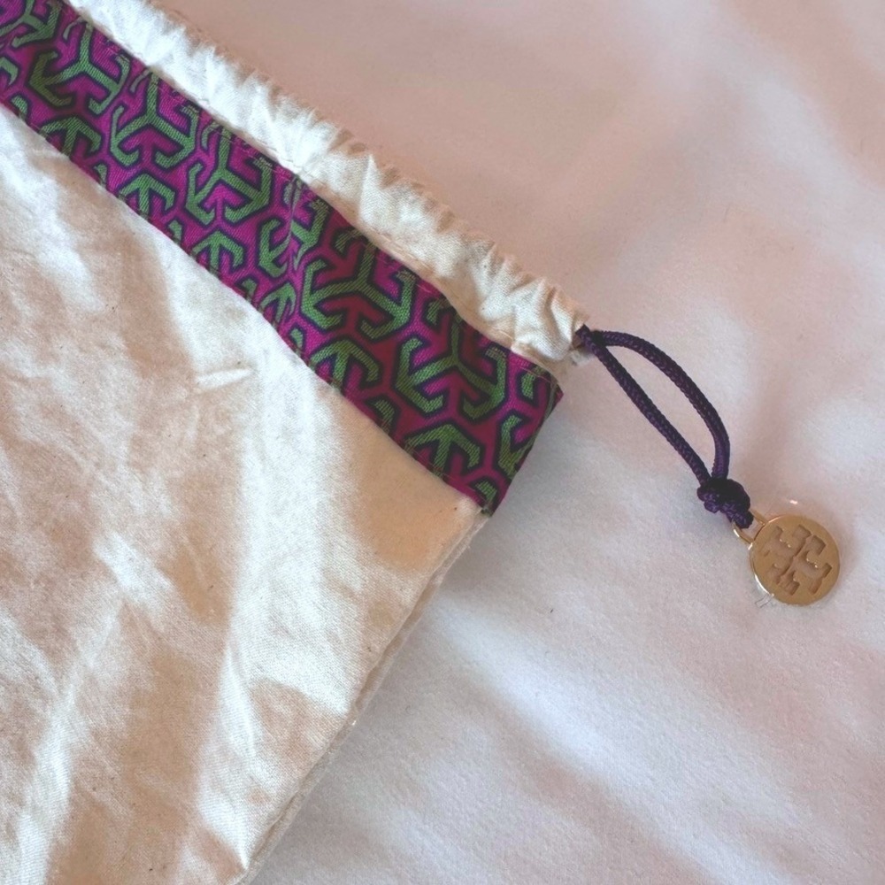 Tory Burch Cream Canvas Drawstring Dust Bag Gold Logo Charm Purple Green Trim - Picture 1 of 4